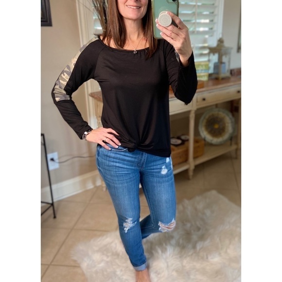 Color Block Camouflage Wide Neck Long Sleeve Black 4420 - Picture 4 of 10